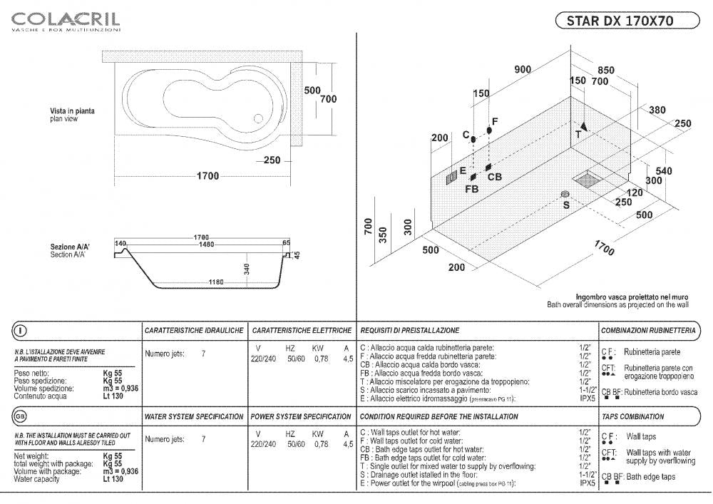 VASCA 170X70/85 STAR TELAIO PANNELLO IDROMASSAGGIO WHIRLPOOL CROMOTERAPIA