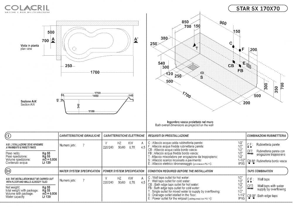 VASCA 170X70/85 STAR TELAIO PANNELLO IDROMASSAGGIO WHIRLPOOL CROMOTERAPIA