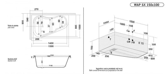 VASCA ANGOLO 150X100 WAPBOX IDROMASSAGGIO WHIRLPOOL CROMOTERAPIA RUBINETTERIA