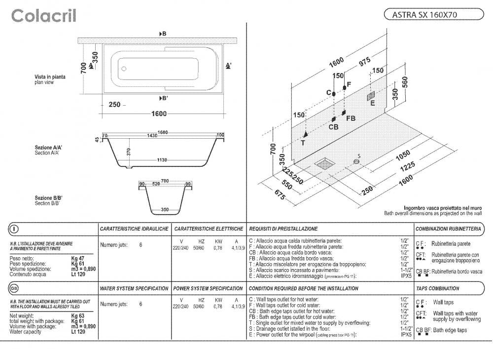 VASCA ASTRA 160X70 TELAIO PANNELLO IDROMASSAGGIO WHIRLPOOL CROMOTERAPIA