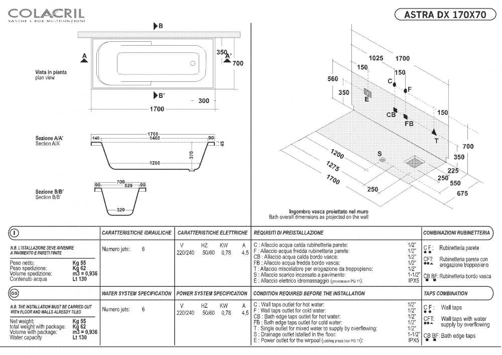 VASCA ASTRA 170X70 TELAIO PANNELLO IDROMASSAGGIO WHIRLPOOL CROMOTERAPIA